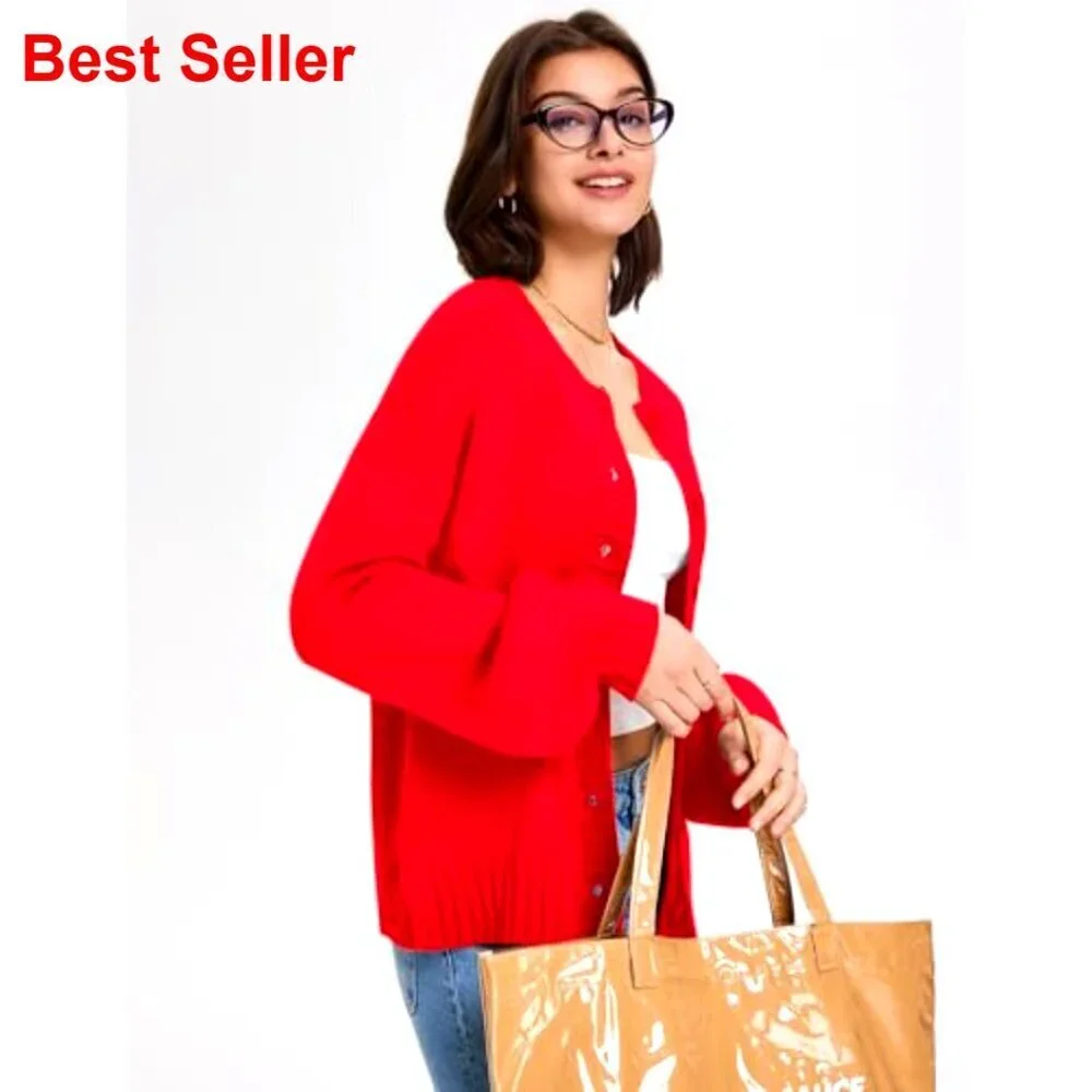 Oversized Button Front Cardigan Lantern Sleeve Sweater Open Front Women's
